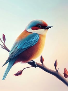 Colorful Bird Perching on Branch with Budding Leaves in Spring photo