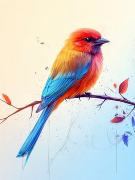 Colorful Bird Perched on Branch Illustration with Artistic Splatter photo