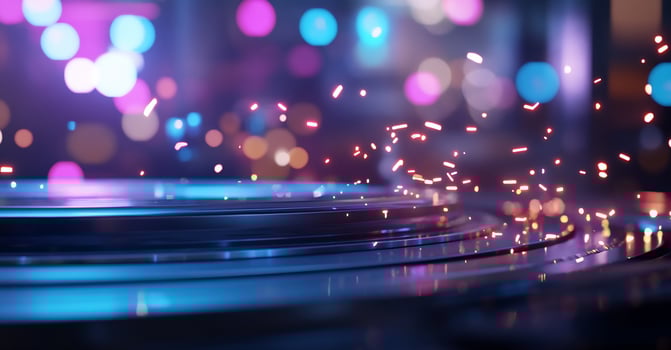Futuristic, vibrant, circular platform with glowing sparks and bokeh lights photo