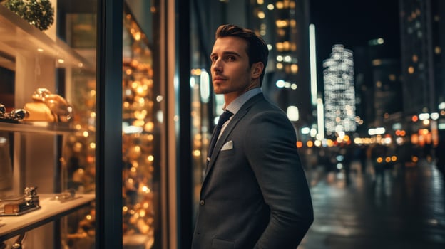 A stylish man in a suit stands confidently by a city storefront at night. photo