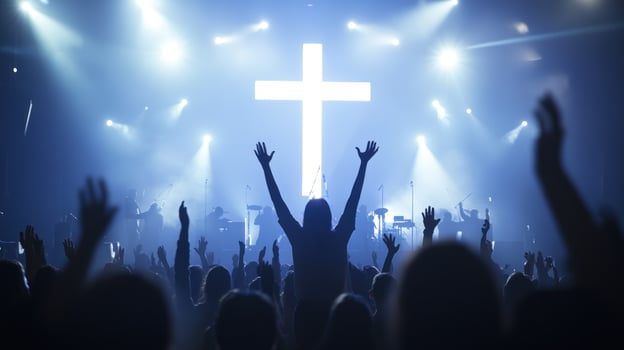A silhouetted crowd worshiping in front of a large illuminated cross. photo