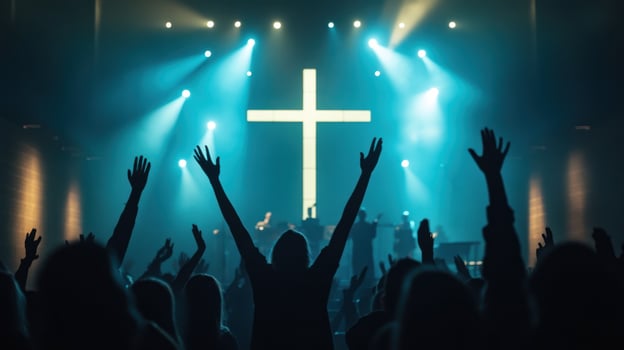 A worship scene with a cross illuminated, hands raised in faith. photo