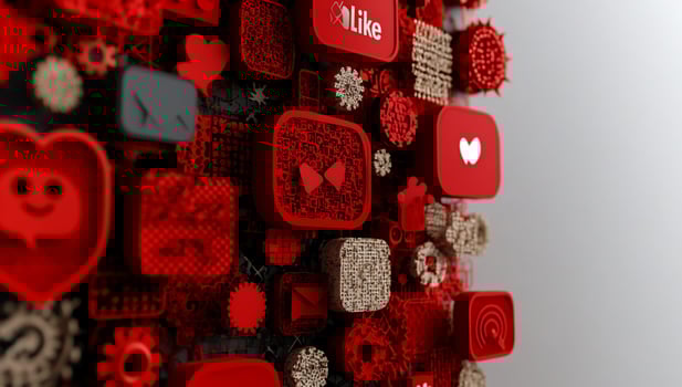 Digital media icons, interconnected and layered. Red and beige photo