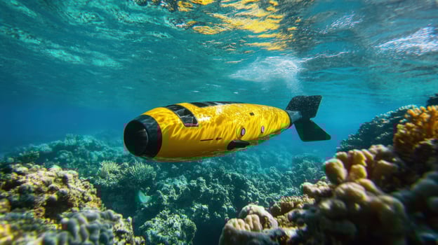A vibrant yellow underwater vehicle gliding over coral reefs. photo