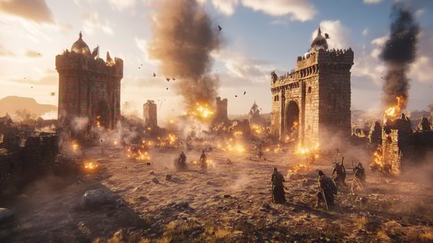 A dramatic medieval battleground at sunset with flames and warriors. photo
