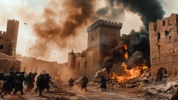 A chaotic medieval battle scene with warriors charging through ruins. photo