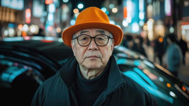 An elderly man in an orange hat stands confidently in an urban night scene. photo