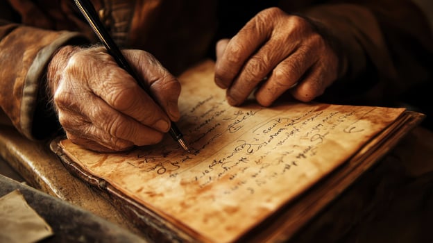 An aged hand writing thoughtfully in a vintage manuscript. photo