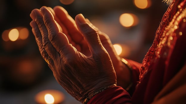 Close up of hands in prayer surrounded by soft candlelight. photo