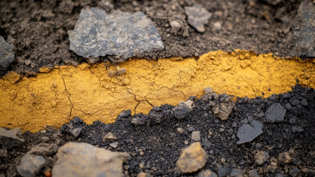 Close up of a cracked surface with a bright yellow line. photo