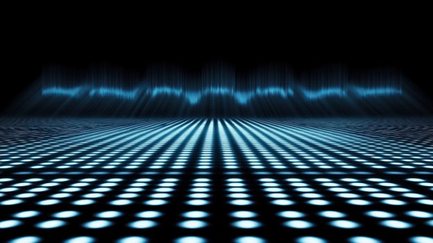 A futuristic abstract design with glowing blue dots and waves. photo