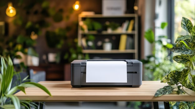 A modern printer on a wooden desk surrounded by lush greenery. photo