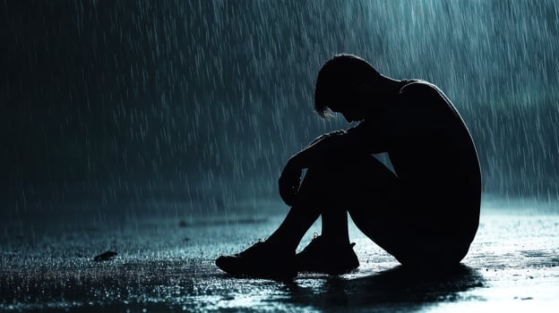 A solitary figure sits in the rain, evoking feelings of sadness. photo