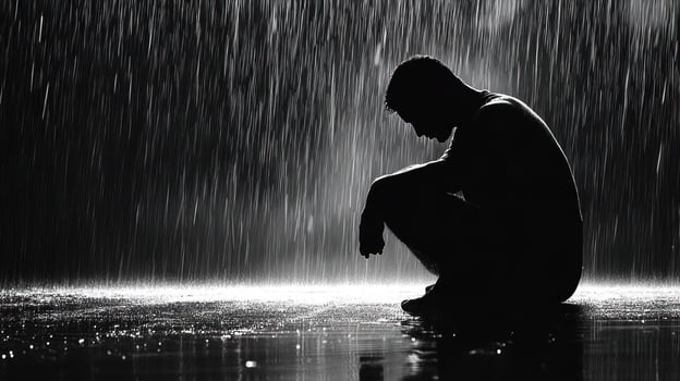 A silhouette of a person seated in the rain, evoking deep emotion. photo