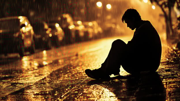 A silhouetted figure sits alone on a rainy street at night. photo
