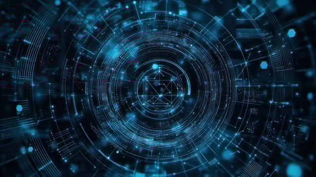 A dynamic futuristic digital design with glowing blue patterns. photo