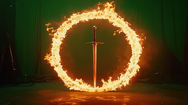 A sword surrounded by a fiery circle, creating an epic atmosphere. photo