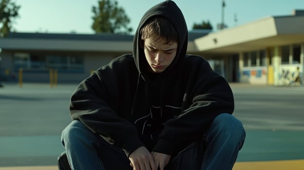 A teenager in a hoodie sits thoughtfully in a schoolyard at dusk. photo