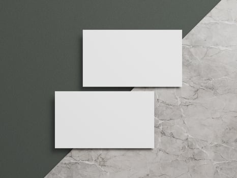 Professional business card mockup showing clean white cards with a sleek marble and dark green backdrop. photo