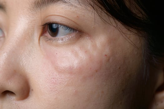 Close up of Asian woman face showing skin swelling and redness near cheek area photo