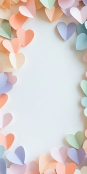 Colorful paper hearts border on soft white background in pastel tones for a creative and romantic design photo