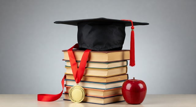 A graduation cap, a red ribbon and an apple on top of a stack of books photo