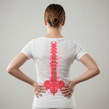 A woman with back pain and a spine photo