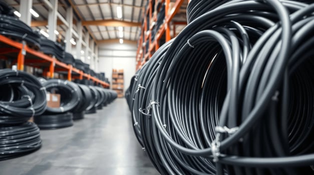 A warehouse filled with black and white cables photo