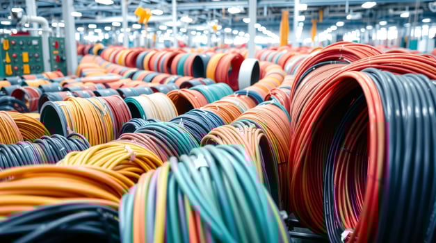 Many different colored cables are stacked in a warehouse photo