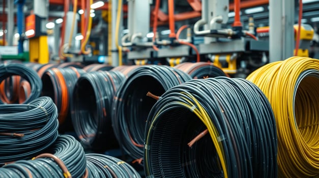 Many different types of wires are in a factory photo