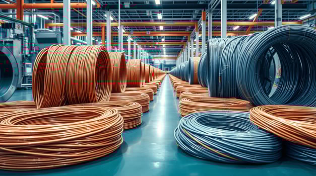 Many copper and orange wires are stacked in a warehouse photo