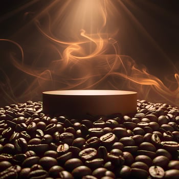 Coffee beans and a round table with smoke photo