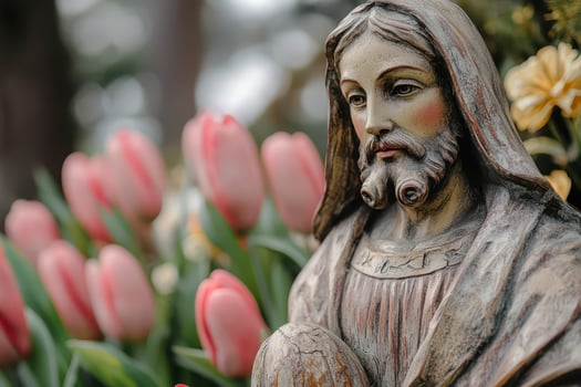A statue of jesus is surrounded by tulips photo