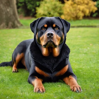Beautiful purebred Rottweiler posing outdoors on the grass. Close-up portrait of a pet. Animal images for advertising and postcard design photo