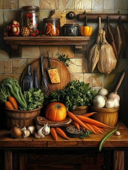 Farm Fresh Vegetables Still Life Painting with Garlic and Herbs photo