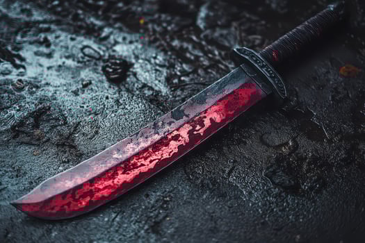 A red and black knife laying on the ground photo