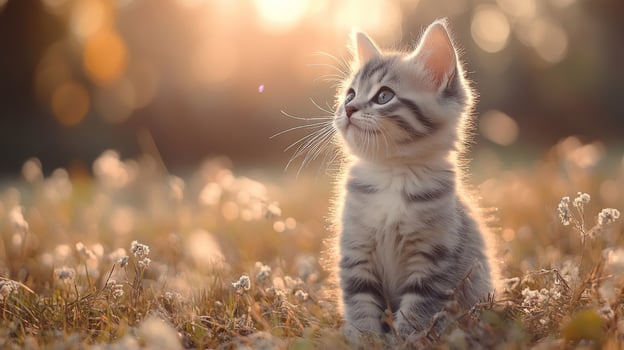 Adorable tabby kitten in sunlit field surrounded by flowers photo