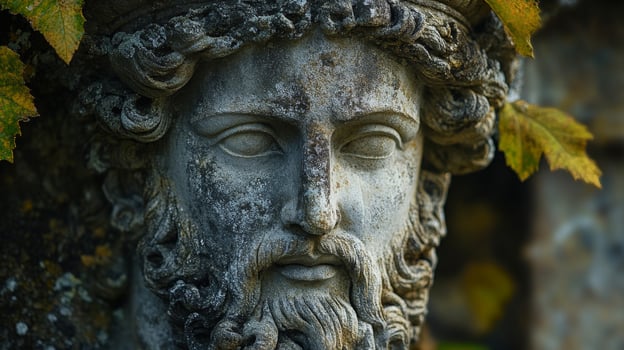 Ancient stone statue of bearded greek god in nature with leaves photo