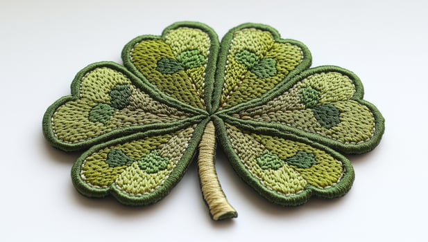 Intricate four-leaf clover patch. This patch features a beautifully stitched four leaf clover, showcasing various shades of green in its design. photo