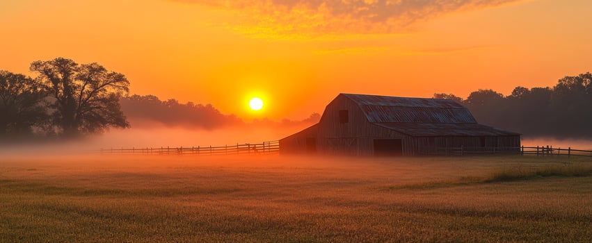 Serene barn at sunrise. A tranquil countryside scene at sunrise reveals a barn surrounded by mist and golden fields. photo