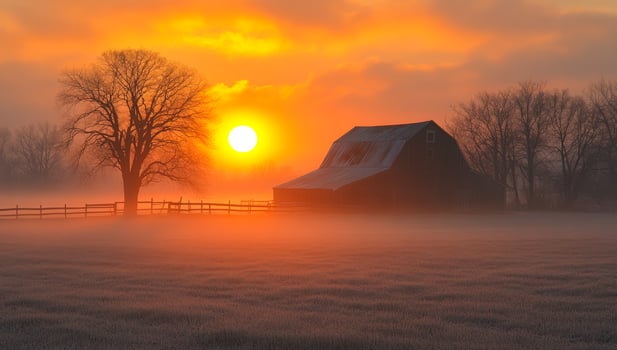 Sunrise over a misty farm landscape. Golden sunlight breaks through mist, illuminating a rustic barn and trees in a tranquil countryside setting. photo