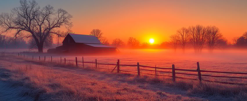 Misty winter sunrise at barn. Early morning light casts a warm glow over a barn as mist blankets the frosty field, creating a tranquil winter scene. photo