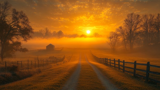 Sunrise on country road. A serene countryside road leads to a glowing sunrise, surrounded by misty fields and silhouetted trees. photo