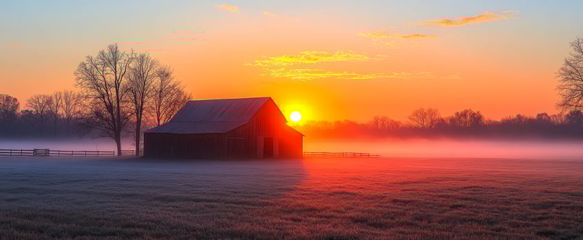 Peaceful barn at sunrise. A serene sunrise casts warm colors over a foggy field and a rustic barn, creating a peaceful morning atmosphere. photo