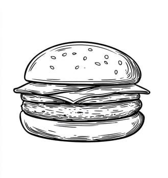 Drawn Burger Illustration with Cheese, Meat, and Bun Black and White photo