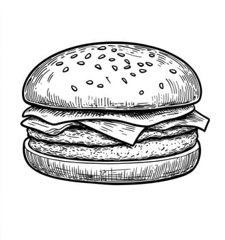 Drawing of Classic Hamburger with Cheese, Illustration for Fast Food Menu photo