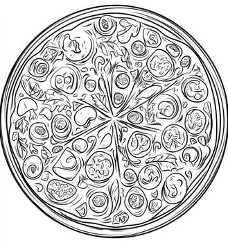 Pizza Illustration with Vegetables and Mushroom Toppings for Coloring Book photo