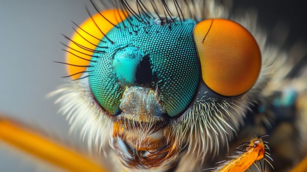 Detailed close-up of a vibrant insect's brightly colored eyes and texture photo