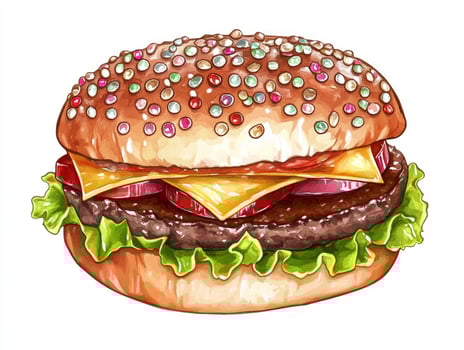 Delicious Hamburger Illustration with Sprinkles Cheese and Veggies on White photo