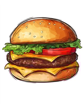 Drawing of Hamburger with Cheese Tomato and Lettuce on White Background photo